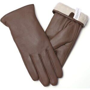 Women's Brown Touch Screen Warm Winter Driving Hull-Hand Leather Gloves